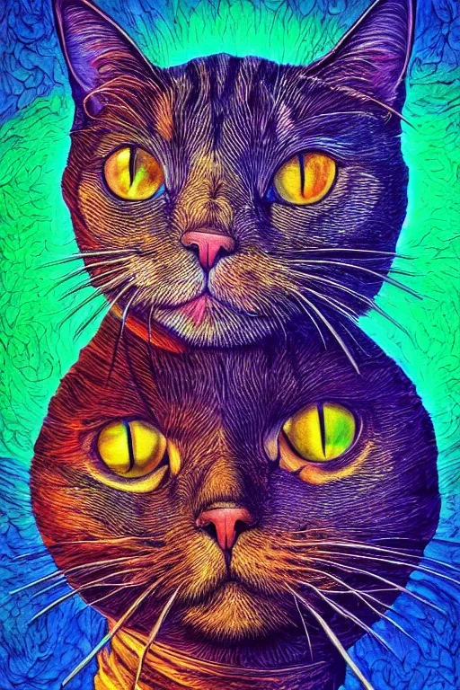 Prompt: portrait of a cat's head inside an upside down light bulb, modern fine art, intricate, elegant, subsurface scattering, highly detailed, pop art painting, organic acrylic flow art, psychedelic fractal art, acrylic art, watercolor, featured on deviantart, cgsociety