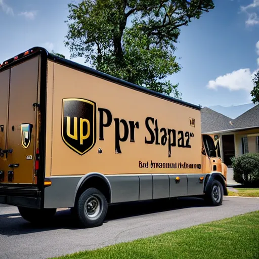 Prompt: UPS delivery truck in the driveway of a single family home