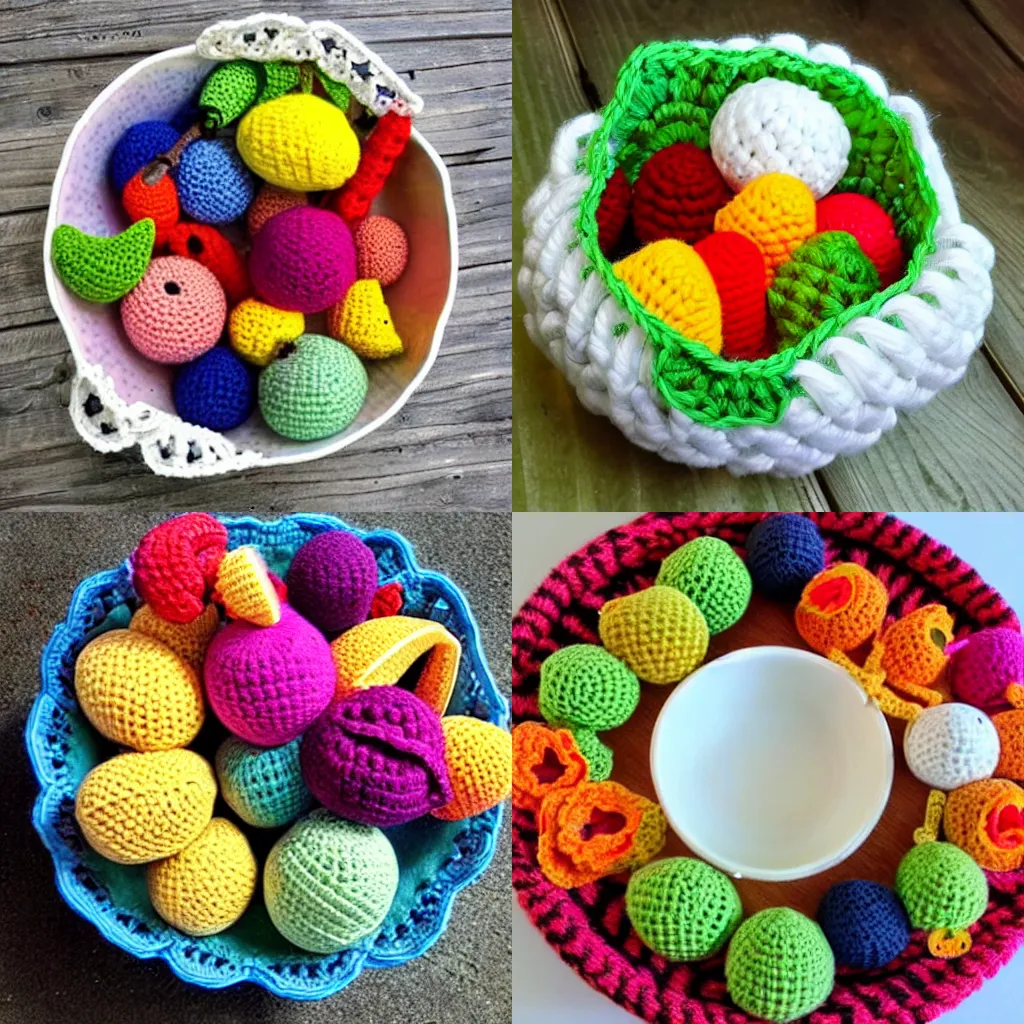 Prompt: a bowl of crochet fruit