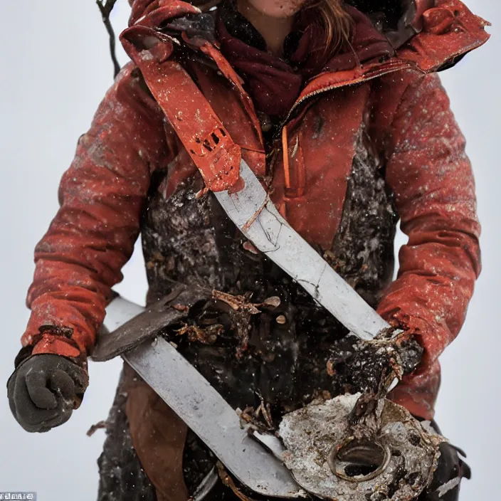 Prompt: a closeup portrait of a woman wearing a ski suit made of rusted metal scraps, picking plums from a tree in an orchard, foggy, moody, photograph, by vincent desiderio, canon eos c 3 0 0, ƒ 1. 8, 3 5 mm, 8 k, medium - format print