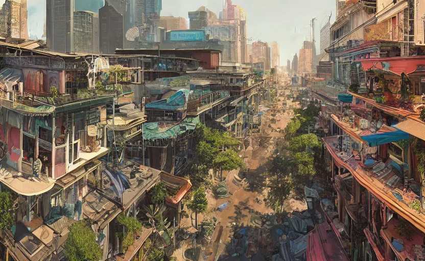 Image similar to a beautiful hyperrealistic digital matte painting of futuristic cyberpunk french quarter, new orleans, by eddie mendoza and david lozeau and geoff darrow and laurie greasley, 8 k, detailed, artstation, plants on balconies, musicians