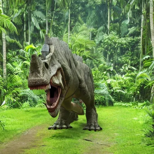 Prompt: giant tyrannosaurus rex walking through a tropical forest