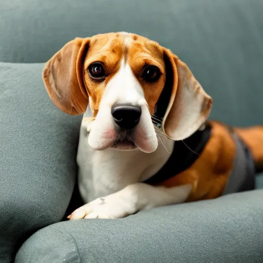 Prompt: A beagle with a cooling best chilling in the sofa on a Sunday morning