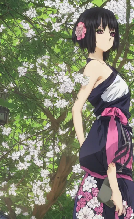 Image similar to anime style, gta 5, full body art of girl, yukata clothing, sakura tree in background, short hair, hair down, symmetrical facial features, from arknights, hyper realistic, extreme detail, volumetric lights, 4 k drawing, safebooru, realistic lighting, by alphonse mucha, greg rutkowski, sharp focus, backlit