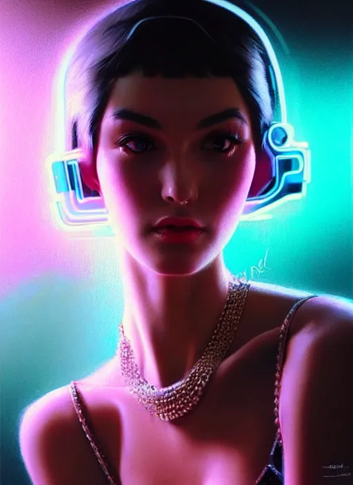 Prompt: photorealistic portrait of female humanoid, highly intricate, retro 6 0 s fashion, elegant, highly detailed, crispy quality and cyber neon light reflections, trending in artstation, trending in pinterest, glamor pose, sharp focus, no signature, no watermark, art by artgerm and greg rutkowski