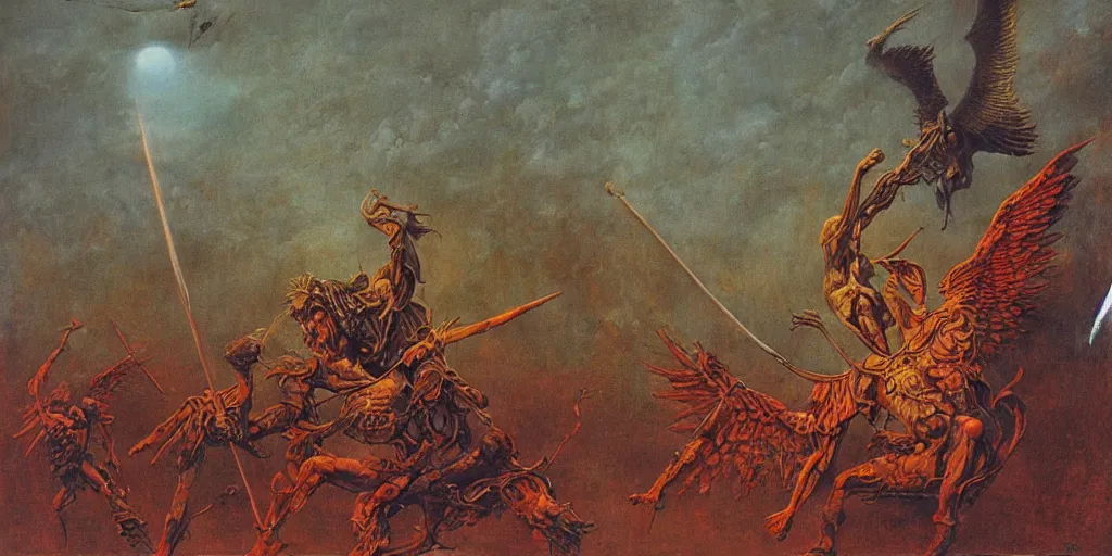 Image similar to satan fights against an archangel with large wings, beksinski, dariusz zawadzki