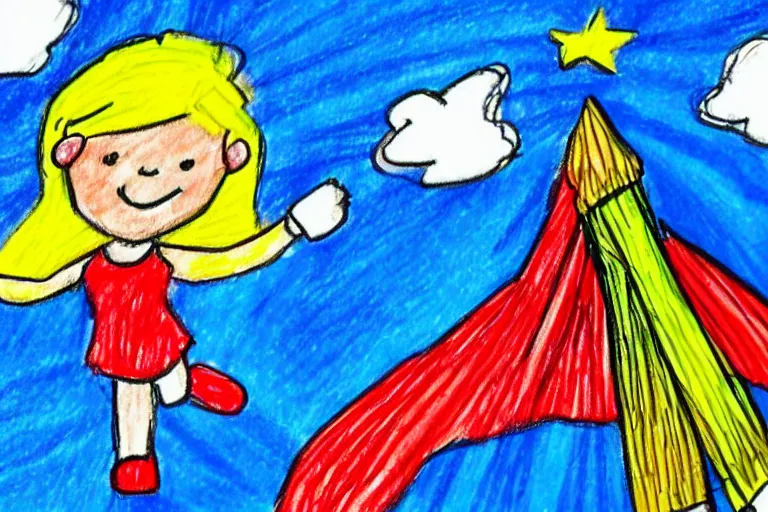 Prompt: Kids crayon drawing of a girl super hero flying above a city