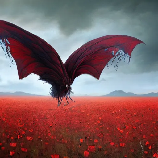 Prompt: a 3d matte painting of an mutant feathered critter in a field of poppies by gerald brom, ellen jewett, aly fell, dark academia, maroon highlights, gothic, neo-gothic