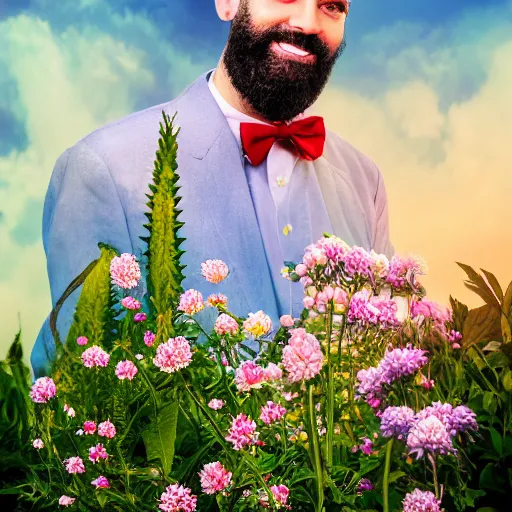 Image similar to a portrait of a man with flowers in the beard, roses peonies forget-me-nots dahlias lupins gladioli, sky theme in background, 35mm Photograph, 4K Resolution, Astrophotography, Digital Art, Trending on artstation