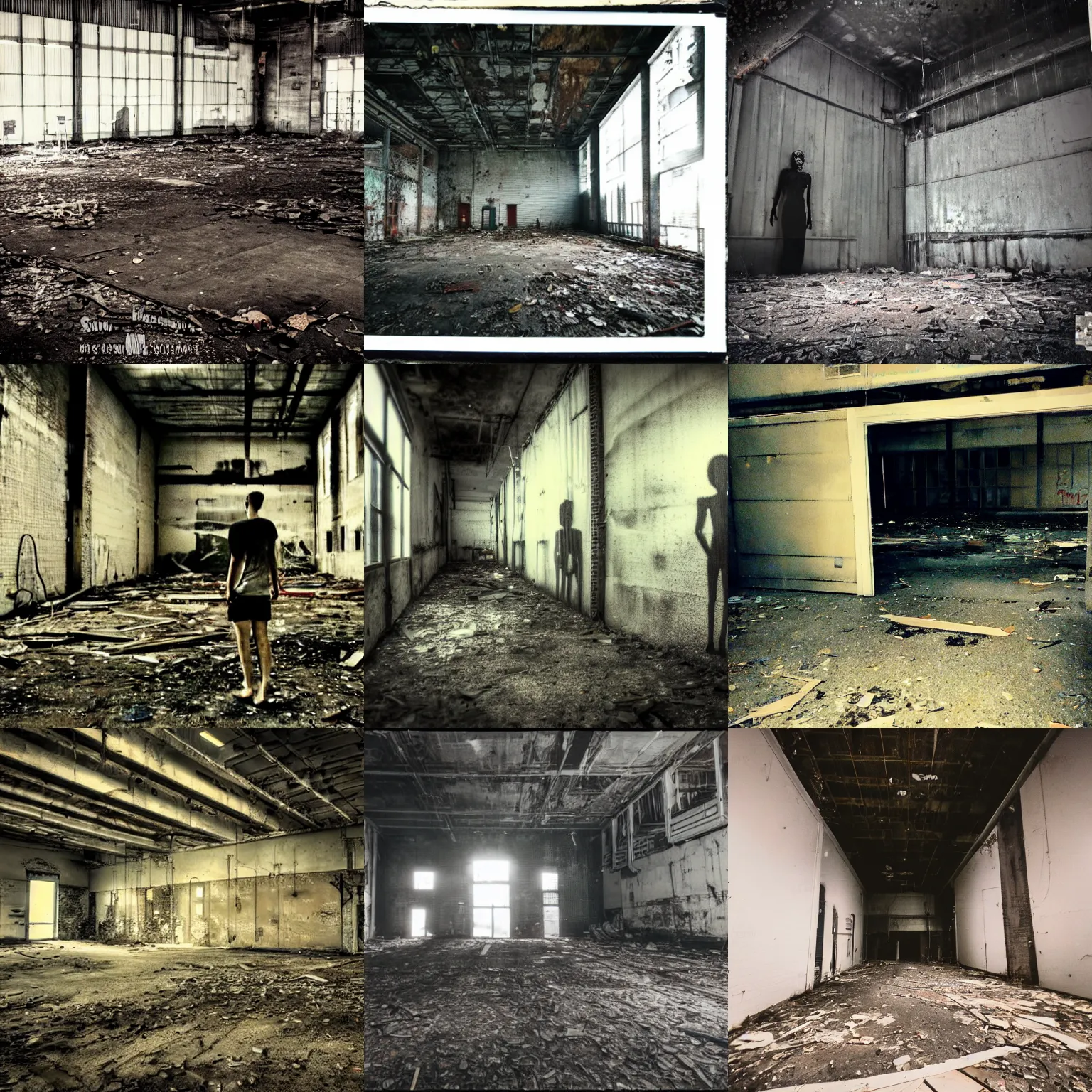 Prompt: urban exploration inside of an abandoned warehouse but you see a strange human - like figure in the distance, old photo, polaroid, horror, gritty, creepy