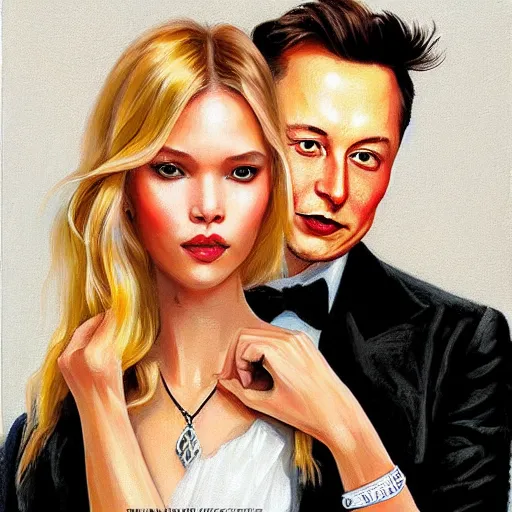 Image similar to Portrait of sasha luss and elon musk, in the style of Konstantin Razumov, extremely detailed