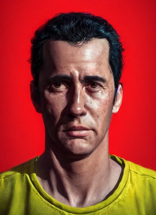 Prompt: ( ( ( hyperrealist portrait of oscar martinez as oscar ) ) ) by mike campau, head and torso, red background photorealistic, octane render, vibrant colors, unreal engine, dynamic lighting, perfect factions, very detailed faces, intricate detail, trending on artstation, poster, volumetric lighting, 4 k, award winning