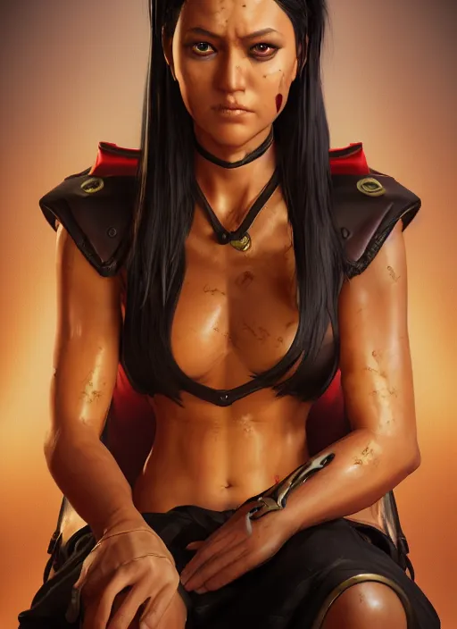 Image similar to An epic fantasy comic book style portrait painting of a tan woman with black hair in a pony tail and serious eyes sitting on a large chair, unreal 5, DAZ, hyperrealistic, octane render, cosplay, RPG portrait, dynamic lighting