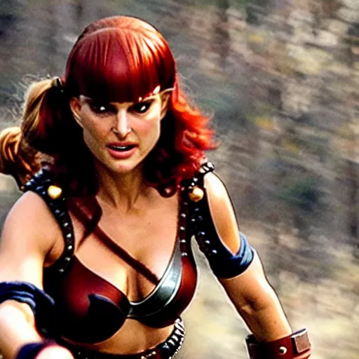 Prompt: natalie portman as red sonja, fight scene