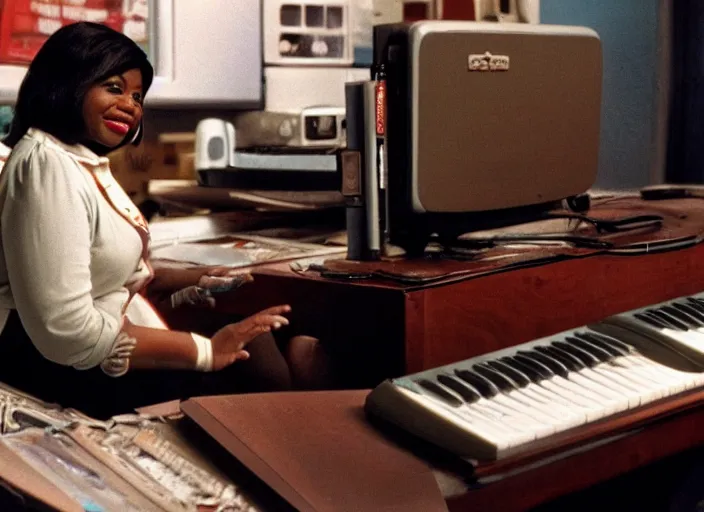 Image similar to cinematic shot of octavia spencer in an small used electronics store hands on an old electronic keyboard, iconic scene from the paranoid thriller sci fi film directed by stanley kubrick, anamorphic cinematography, beautiful composition, color theory, leading lines, photorealistic, volumetric lighting, hyper detailed 4 k image,