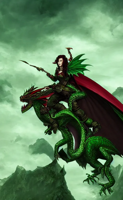 Image similar to epic fantasy dungeons and dragons scene, female halfling rogue, dragonrider, flying on top of a green dragon, green dragon, waterdeep, black hair, rogue, fantasy, red leather corset, cinematic, beautiful lighting, heroic, digital art, sky, mountain