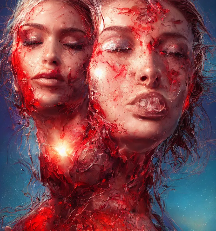 Prompt: a frontal face portrait of a transparent and beautiful elegant entity made of blood + dissolving in to light + backlit + incredible lighting+ strong rim light + highly detailed + god rays + digital painting + HDRI, by Andon Hristov + Alvaro Castagnet + Dan Mumford + vivid colors, high contrast, 8k resolution, intricate, photorealistic, smooth