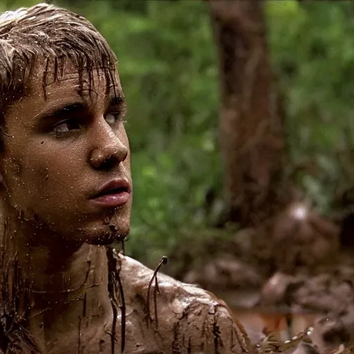 Image similar to cinematic still of justin bieber, covered in mud and watching a predator in a swamp in 1 9 8 7 movie predator, hd, 4 k