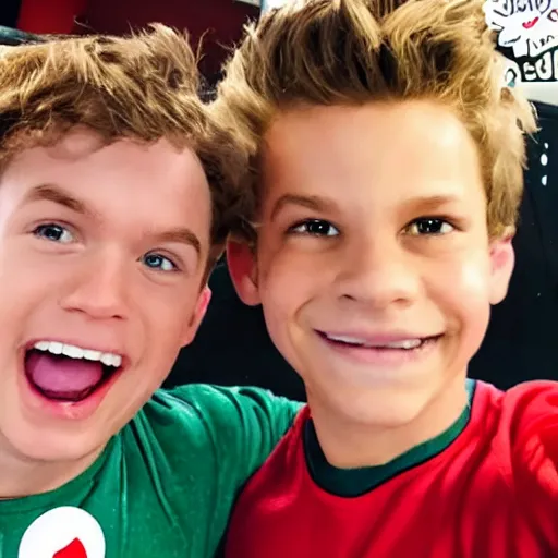 Image similar to kid danger and captain man from henry danger taking selfies