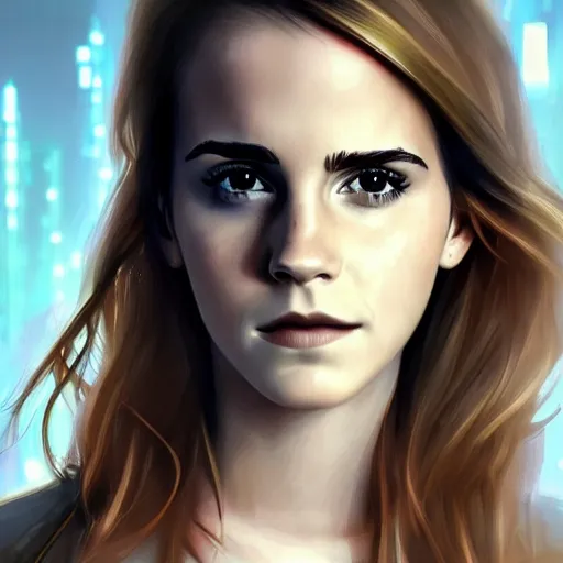 Image similar to Portrait of Emma Watson, the background is a huge futuristic city, cyberpunk style futuristic neon lights, artstation cgsociety masterpiece highly-detailed