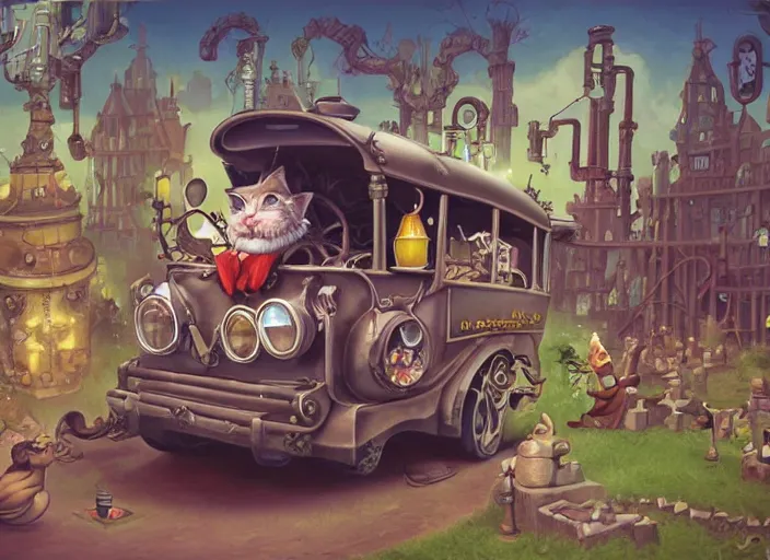 Image similar to matte sharp painting, close - up of a garden gnome driving a steampunk bus, a cat is holding onto the roof, juxtapoz, artforum, gary baseman, preston blair, tex avery, dan mumford, pedro correa