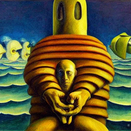 Image similar to twenty thousand leagues under the seas, grant wood, pj crook, edward hopper, oil on canvas