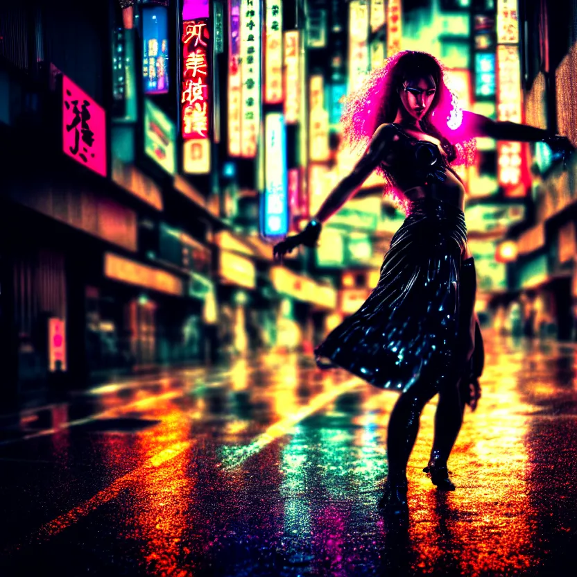 Image similar to a photo close up cyberpunk woman dancing in the rain, cyberpunk hiroshima, prefecture streets, sunset, photorealistic, cinematic lighting, highly detailed, bokeh, style by tomino - sama