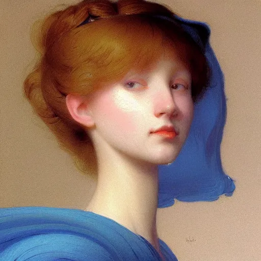 Image similar to a young woman's face, her hair is white and she wears a cobalt blue satin cloak, by ivan aivazovsky and syd mead and moebius and gaston bussiere and roger dean and pieter claesz and paul delaroche and alma tadema and aelbert cuyp and willem claesz, hyperrealistic, volumetric light, octane render