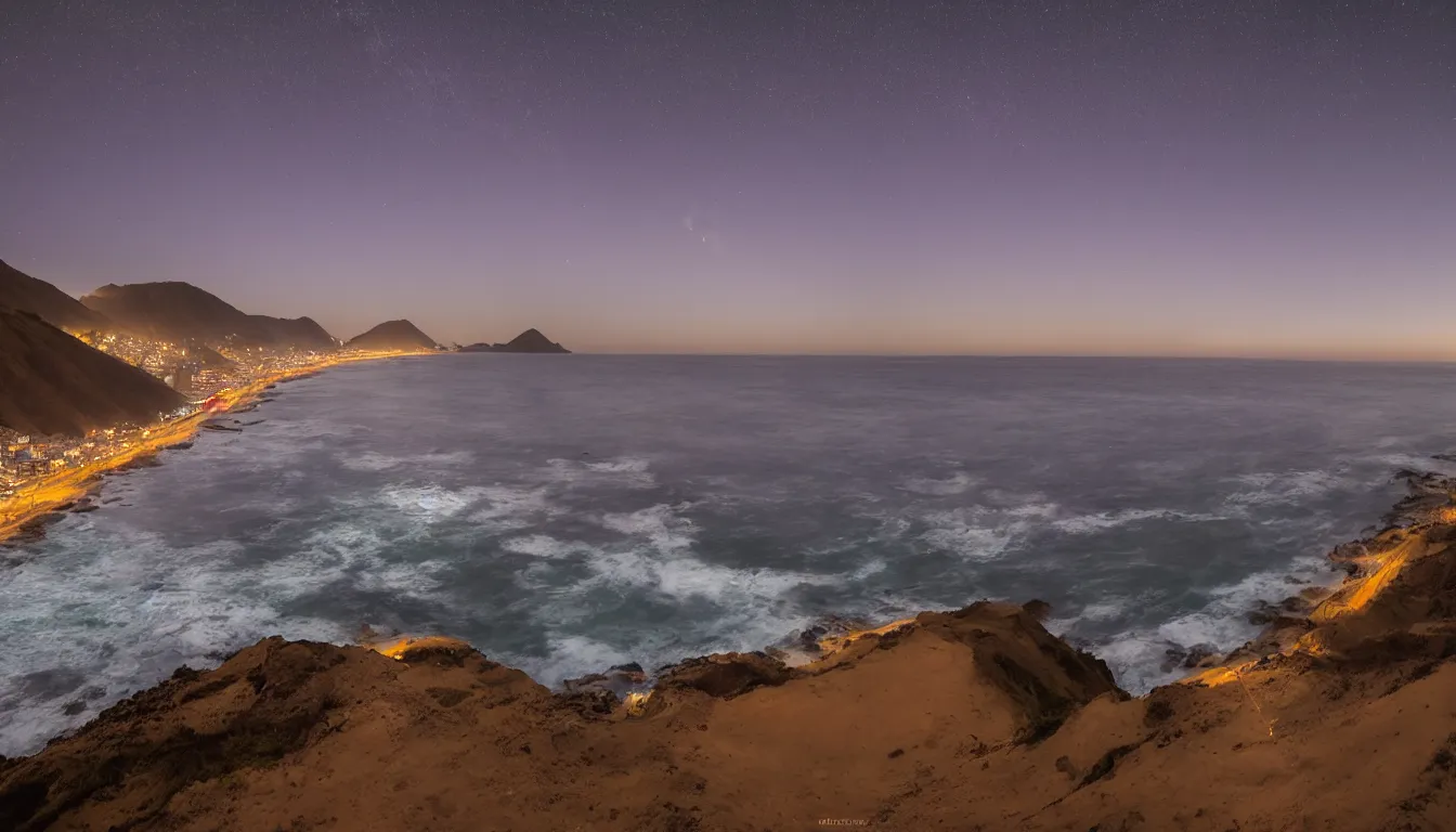 Image similar to coast of Lima, Peru at dusk with a Milky Way sky photographed in 4K, photorealistic