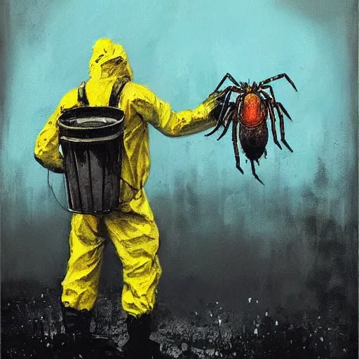 Prompt: a painting of a man in a yellow bio hazard suit holding a bucket and looking at monster spider, poster art by jakub rozalski, trending on artstation, nuclear art, apocalypse art, dystopian art, poster art