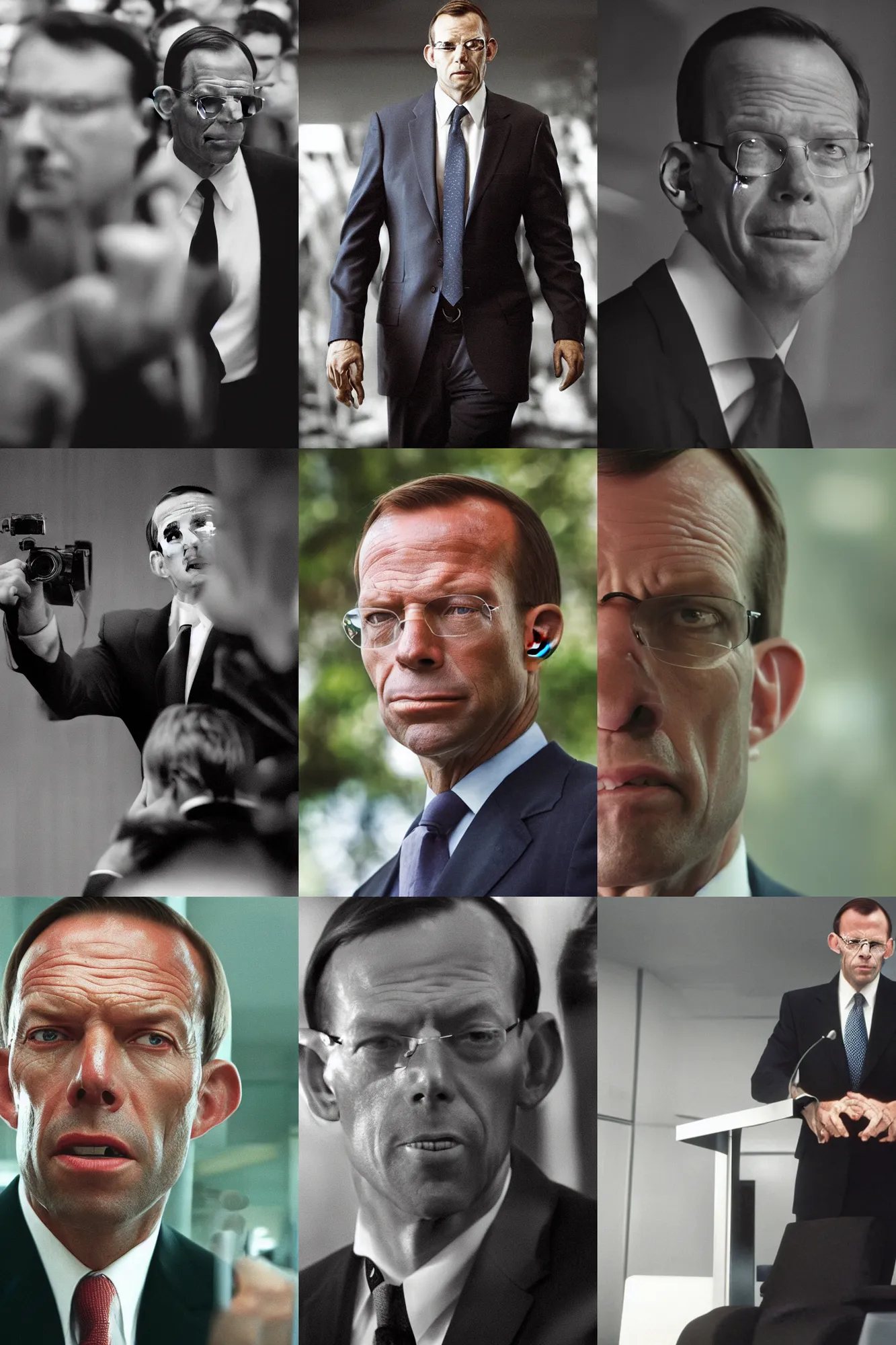Prompt: Tony Abbott as Agent Smith from the Matrix, portrait photograph, film grain, depth of field, highly detailed