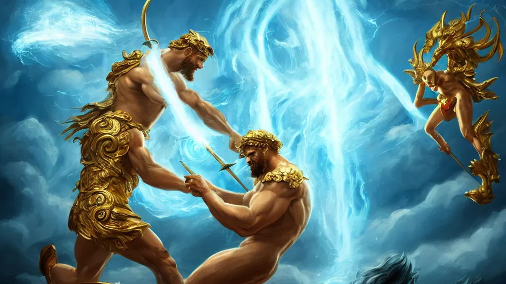 Image similar to Character concept art, Digital Paint, Zeus fighting Poseidon, Character Design, Digital Art, Gold Light, Blue Mist, Divine, Sky, 8K, ornate, Trending on Artstation, in the style of James Jean