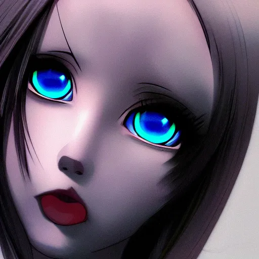 Prompt: (anime girl), steel blue symmetric eyes 24yo, studio, annie leibowit