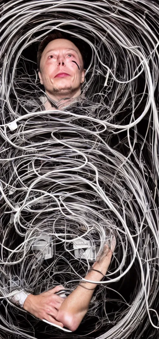 Image similar to horror picture of elon musks face dissolving into tubes and wires, 4K,