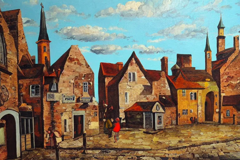 Image similar to middle ages town, oil painting, oil in canvas, brushstrokes