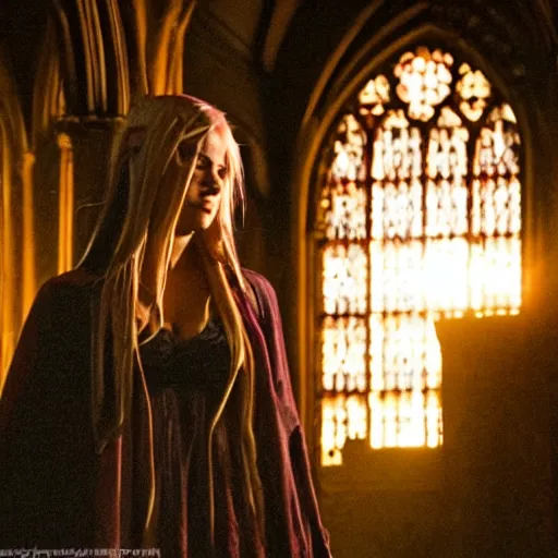 Image similar to elisha cuthbert as a female demon in a gloomy gothic cathedral at night