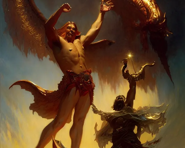 Image similar to grandiose male deity, casting demonic magic, summoning handsome lucifer morning star. highly detailed painting by gaston bussiere, craig mullins, j. c. leyendecker 8 k