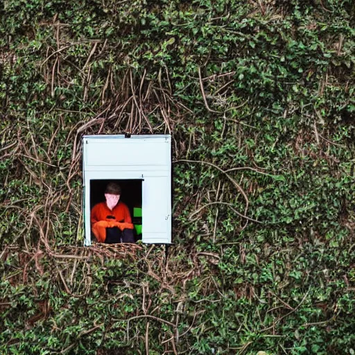 Image similar to a worker is sitting bored in front of a desk, it is inside a small cubicle which is completely surrounded by beautiful nature, bird perspective
