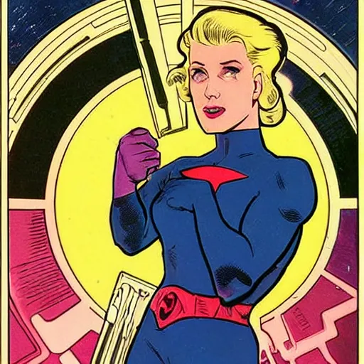 Prompt: a stoic heroic butch blonde emotionless woman, with very short slicked - back hair. she is dressed as an atompunk space hero. well composed, clean elegant painting, beautiful detailed face. comic book art by steve ditko and jack kirby and ( alphonse mucha )