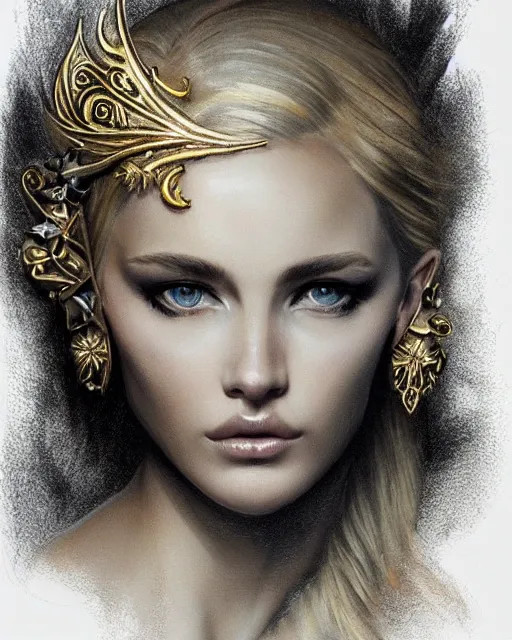 Image similar to tattoo design sketch of hot blonde super model as aphrodite greek goddess wearing a gold laurel wreath and triangle earrings, beautiful piercing gaze with sharp pupils, in the style of greg rutkowski, fantasy, amazing detail, epic, elegant, smooth, sharp focus, front view