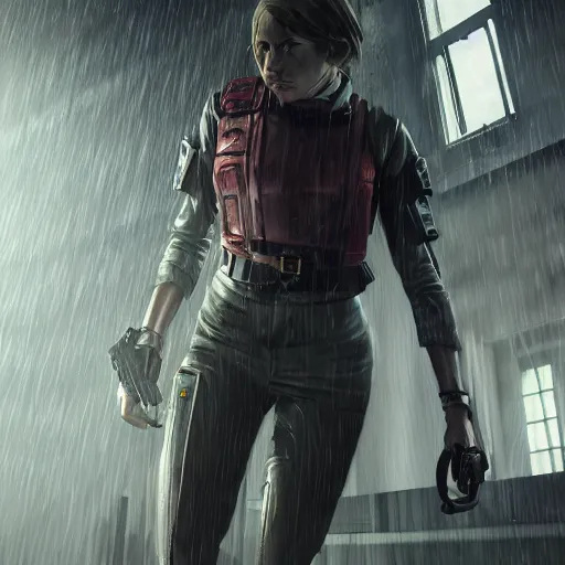 Image similar to annie leonhart in dunwall city wearing recon corps uniform running on a gothic house roof, redshift render, cinematic lighting, rainy weather, melancholy atmosphere, dunwall city, volumetric light, octane render, dishonored game, dishonored 1, gothic architecture, realistic reflections, octane render 8 k