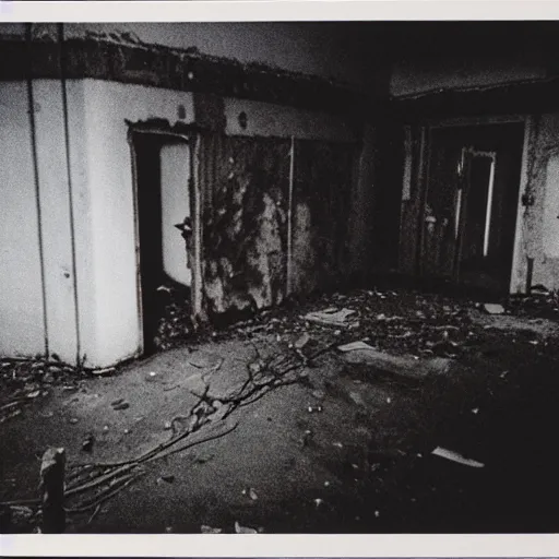 Image similar to 1 9 9 0 s security cam found footage of an abandoned soviet town with a humanoid monster, liminal space, backrooms, scp, film grain, rundown, eerie, dark lighting, 3 5 mm, realistic, photograph