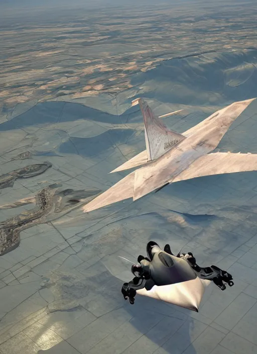 Image similar to hyperrealism, detailed textures, photorealistic 3 d, fighter jet hovering, futuristic stealth, flying low over an endless plain of flamingos, ultra realistic, cinematic, intricate, cinematic light, unreal engine 8 k