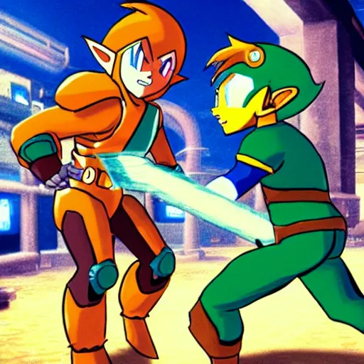 Image similar to mega - man and link from zelda in a bar trying to pick up samus from metroid real