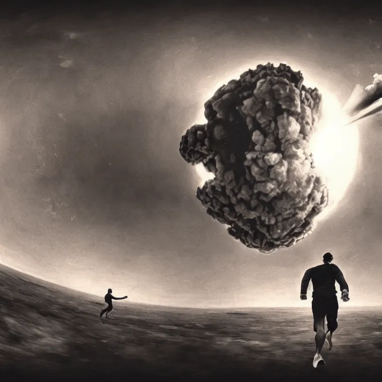 Image similar to man running away from atomic bomb explosion, selfie gopro footage by hieronymus bosch, action footage, disposable camera, fisheye, landscape portrait surreal painting, perfect composition, beautiful detailed intricate octane render, artstation, 8 k, photorealistic, volumetric cinematic light, chiaroscuro, masterpiece, raphael, bosch, caravaggio, beksinski, giger