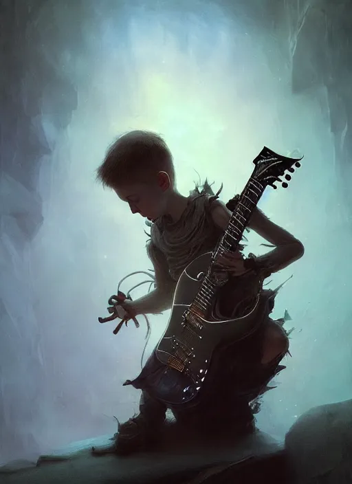 Image similar to fantasy changeling kid playing electric guitar, dim light, front game card, marvel comics, dark, intricate, highly detailed, smooth, artstation, digital illustration by ruan jia and mandy jurgens and artgerm and wayne barlowe and greg rutkowski and zdislav beksinski