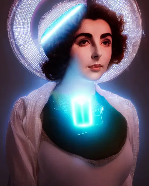 Prompt: centered portrait of soulful young elizabeth taylor as a solarpunk mecha humanoid robotic parts wearing crystal visor with bright led lights, real human face, pudica gesture bouguereau style, in white room, ultra - realistic and intricate, soft portrait shot 8 k