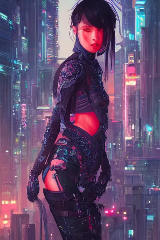 Image similar to portrait futuristic Ninja Girl, in future cyberpunk tokyo rooftop , ssci-fi, fantasy, intricate, very very beautiful, elegant, neon light, highly detailed, digital painting, artstation, concept art, smooth, sharp focus, illustration, art by tian zi and WLOP and alphonse mucha