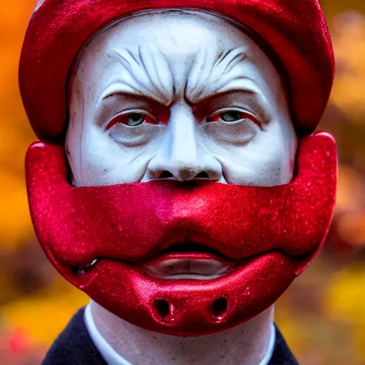 Prompt: highly detailed portrait photography steered gaze of a stern face, wearing a red venetian mask, in autumn, 105mm f2.8 at the grand budapest hotel