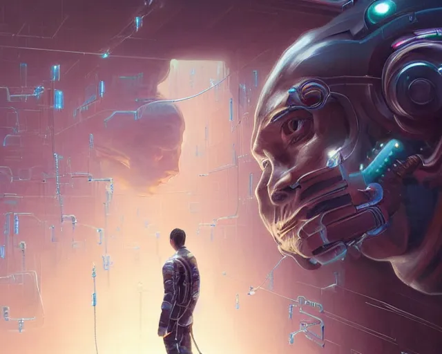 Image similar to a hyperrealistic painting of a human cyborg with cables coming out from his limbs connected to supercomputers, flood of images flowing from his head, tesseract, by greg rutkowski, artgerm, yakihiko yoshida and beeple, trending on artstation, concept art, insane details, zoomed out